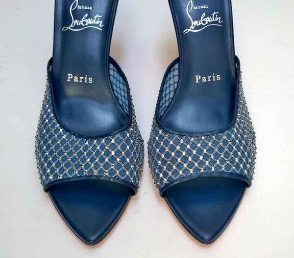 Christian Louboutin Apostropha 85 Strass Net Dark Blue Rhinestones Mules Sandals Heels