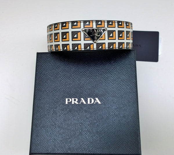 Prada Logo Printed Leather Collarette Necklace Double Bracelet Choker