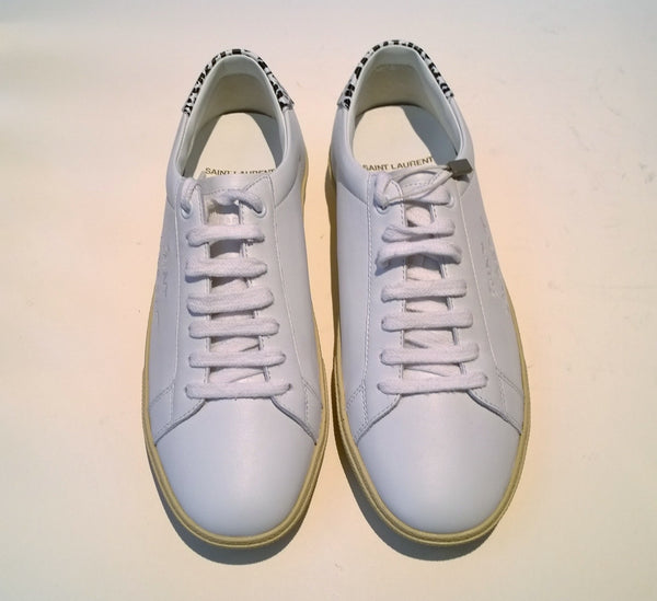 Saint Laurent Court Classic White Leather Sneakers with Snow Leopard Print Detail New Shoes
