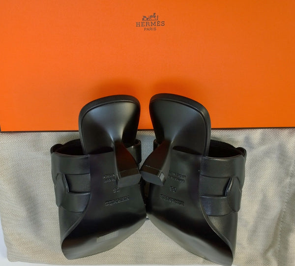 Hermes Hanna 55 Black Leather Slides Sandals New in Box