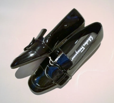 Ferragamo Bonnie Black Patent Buckle Loafers Flats Shoes