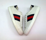 Gucci New Ace Blue Croc Tab White Leather Sneakers with Grosgrain Detail