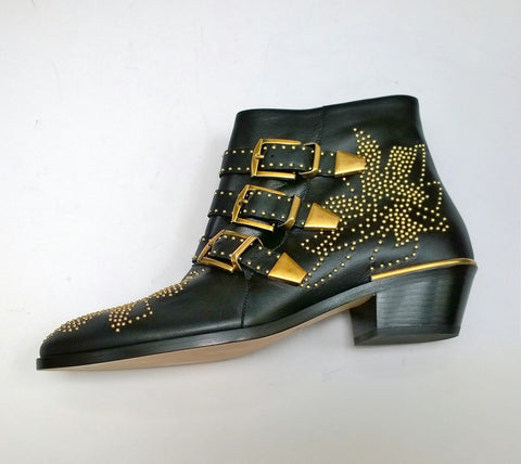 Chloe Susanna Black Leather Ankle Gold Studs Buckle Boots Studded New in Box