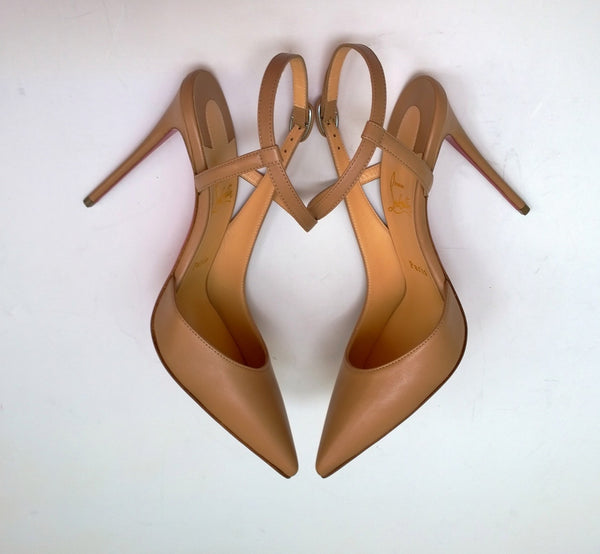 Christian Louboutin Jenlove 100 Blush Warm Beige Nude Ankle Strap Heels