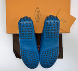 Tod's Double T Loafers in Quilted Blue Suede and Leather Silver Flats Gommino Driving Shoes
