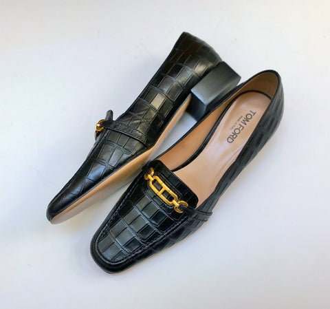 Tom Ford Whitney Black Leather Croc Embossed Block Heel Loafers Flats