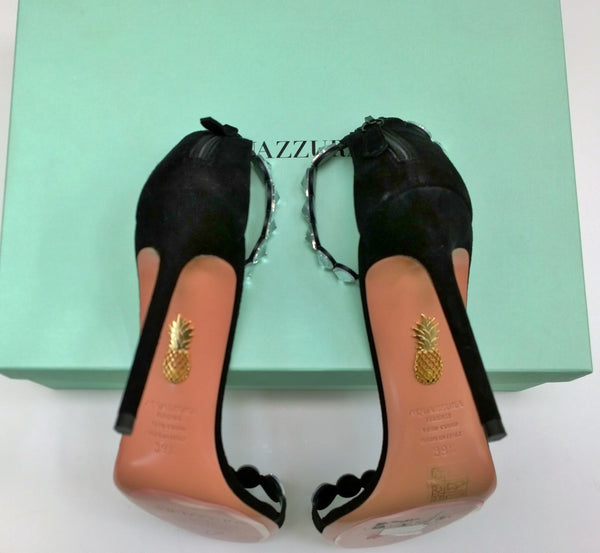 Aquazzura Max Tequila 105 Black Suede Rhinestone Ankle Strap Heels Sandals