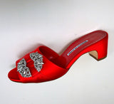 Manolo Blahnik Prinap 50 Bright Red Satin Rhinestone Sandals Slides