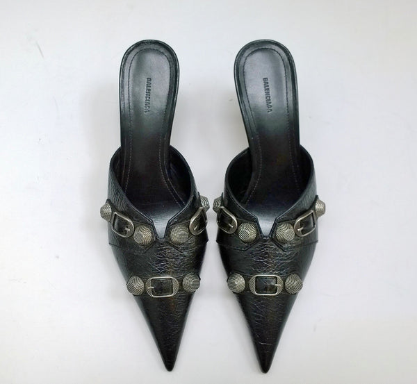 Balenciaga Cagole Black Mules with Gunmetal Studs Pointy Heels