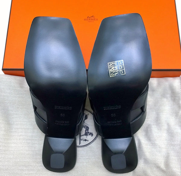 Hermes Hanna 55 Black Leather Slides Sandals New in Box