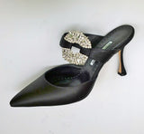 Manolo Blahnik Maidugura 90 Black Satin Rhinestone Buckle Heels Mules