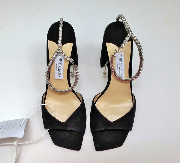 Jimmy Choo Saeda 85 Black Suede Sandals with Rhinestones Ankle Strap New Heels