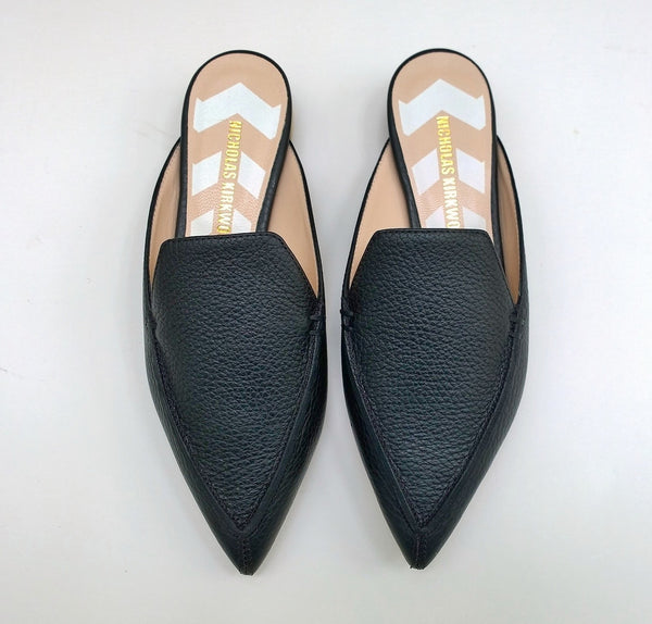 Nicholas Kirkwood Beya Black Leather Slipper Slides Flat Shoes