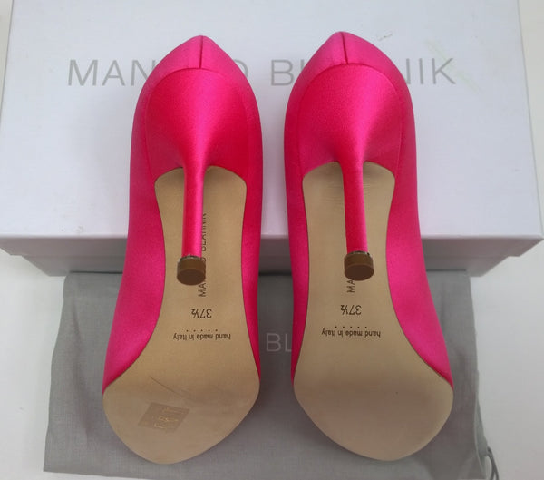 Manolo Blahnik Bright Pink Hangisi 105 Heels with Turquoise Blue Rhinestone Buckle Shoes