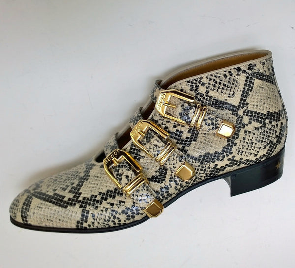 Gucci Python Print Leather Ankle Boots with Gold Logo Buckles Shoes Avana