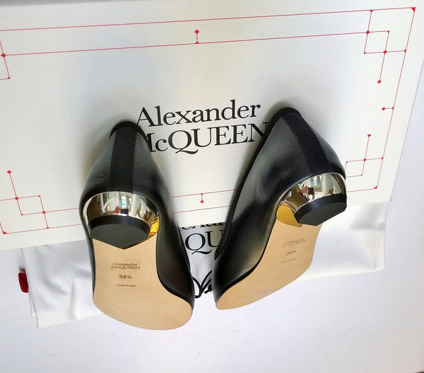 Alexander McQueen Armadillo Bow Black Leather Shoes with Metal Heel Ballet Flats New in box