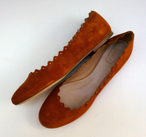 Chloé Lauren Western Flats with Gold Studs in Warm Brown Ochre Delight Suede Shoes