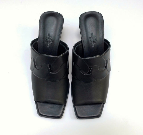 Hermes Hanna 55 Black Leather Slides Sandals New in Box