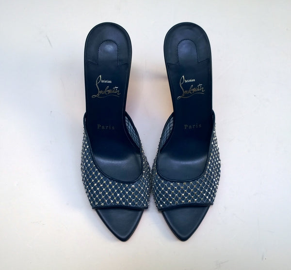 Christian Louboutin Apostropha 85 Strass Net Dark Blue Rhinestones Mules Sandals Heels