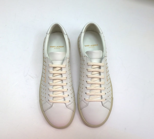 Saint Laurent Andy White Leather Sneakers with Gold Studs