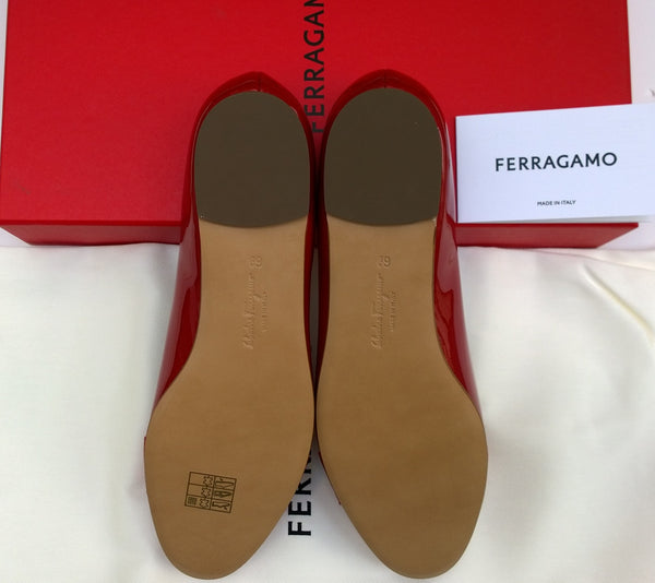 Ferragamo Varina Shoes in Red Patent Leather Flats Buckle Bow