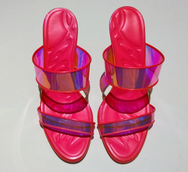 Christian Louboutin Just Loubi 85 Fluorescent Pink PVC Leather Slide Sandals Heels