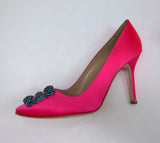 Manolo Blahnik Bright Pink Hangisi 105 Heels with Turquoise Blue Rhinestone Buckle Shoes