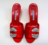 Manolo Blahnik Prinap 50 Bright Red Satin Rhinestone Sandals Slides