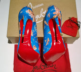 Christian Louboutin Hot Chick 100 Patent Blue Odissey Print Heels