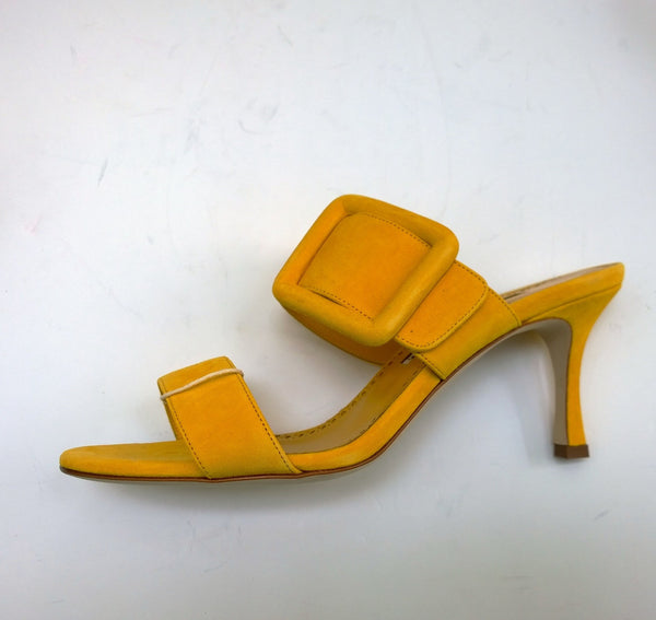 Manolo Blahnik Gable 70 Buckle Slides in Bright Yellow Suede Sandals Heels