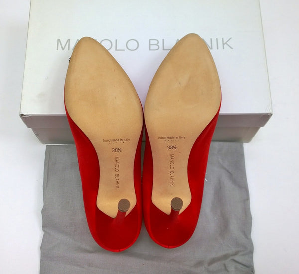 Manolo Blahnik Hangisi 105 Red Satin Heels with Red Rhinestone Buckle Shoes