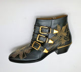 Chloé Susanna Black Leather Ankle Gold Studs Buckle Boots Studded New in Box