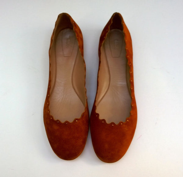 Chloé Lauren Western Flats with Gold Studs in Warm Brown Ochre Delight Suede Shoes