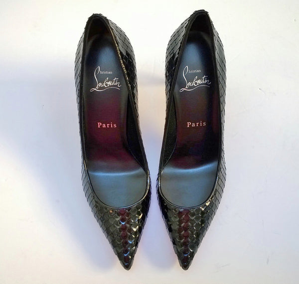 Christian Louboutin Kate 85 Black Patent Snake Embossed Heels