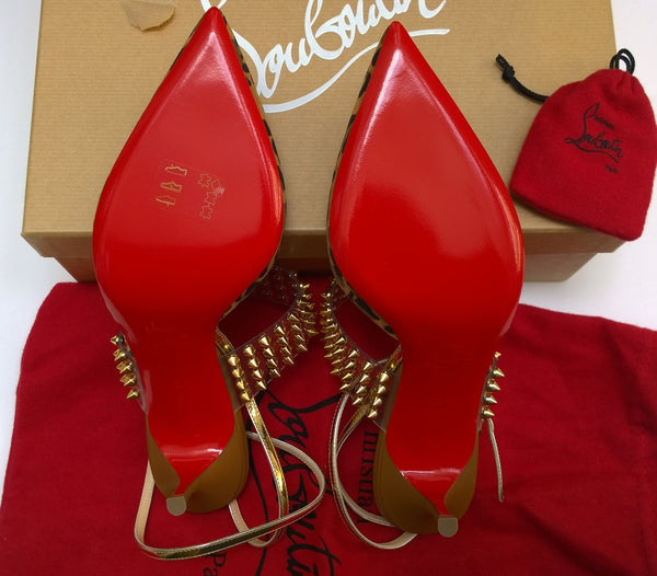 Christian Louboutin Levita 55 Leopard Suede PVC Gold Studs Heels with Gold Strap