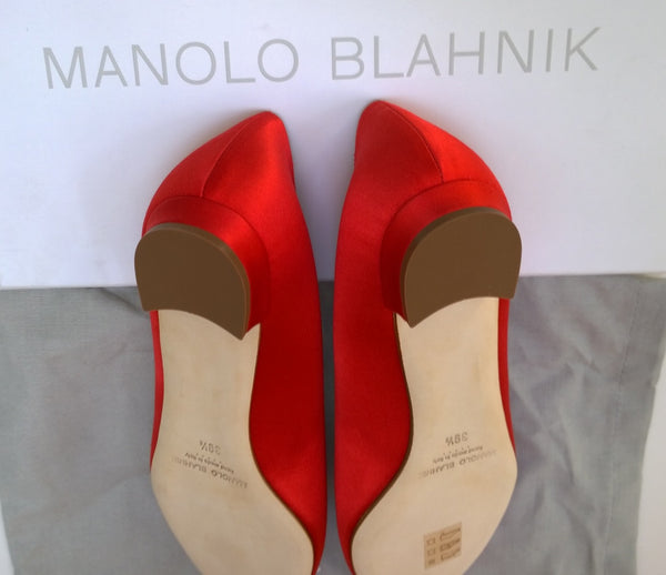 Manolo Blahnik Hangisi Red Satin Red Rhinestone Buckle Flats Strass Shoes