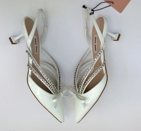 Miu Miu White Patent Slingback Heels with Rhinestones and Bow