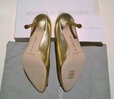 Manolo Blahnik Gold Leather Hangisi Rhinestone Buckle 90 Heels NIB Shoes