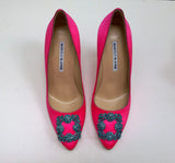 Manolo Blahnik Bright Pink Hangisi 105 Heels with Turquoise Blue Rhinestone Buckle Shoes