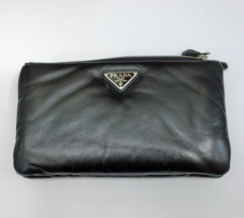 Prada Padded Black Soft Leather Partitioned Clutch Pouch