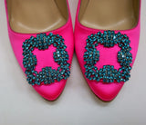 Manolo Blahnik Bright Pink Hangisi 105 Heels with Turquoise Blue Rhinestone Buckle Shoes