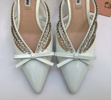 Miu Miu White Patent Slingback Heels with Rhinestones and Bow