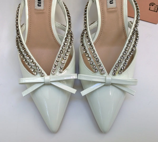 Miu Miu White Patent Slingback Heels with Rhinestones and Bow