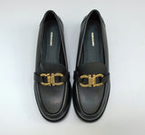 Ferragamo Gancini Black Leather Loafers with Gold Tone Buckle Flats Shoes