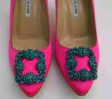 Manolo Blahnik Hangisi Bright Pink Turquoise Buckle Rhinestone Heels Fuchsia Shoes