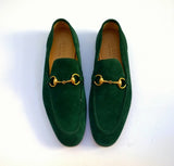 Gucci Jordaan Green Suede Bit Loafers Flats Shoes