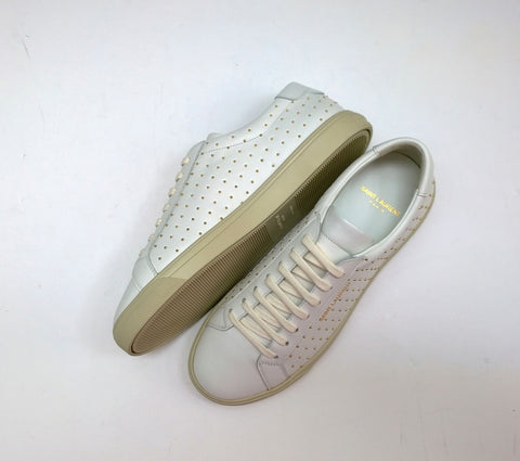 Saint Laurent Andy White Leather Sneakers with Gold Studs