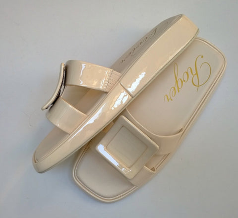 Roger Vivier Slide Mule 35mm Buckle Sandal Flats Dip Cream Patent Leather