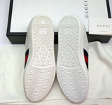 Gucci New Ace Blue Croc Tab White Leather Sneakers with Grosgrain Detail