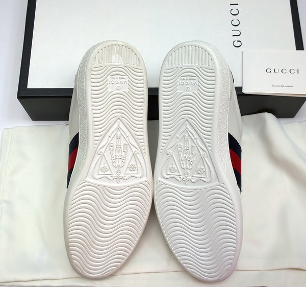 Gucci New Ace Blue Croc Tab White Leather Sneakers with Grosgrain Detail